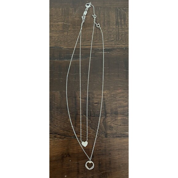Fossil Silver Share Love Double Layer Open Gem heart Necklace Jewelry PERFECT - Picture 2 of 5
